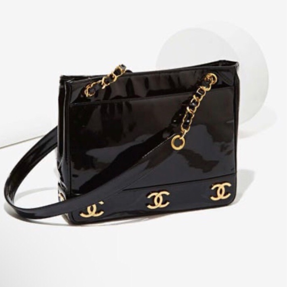 Chanel Vintage Black Patent Leather, Gold Plated CC’s Shoulder Bag